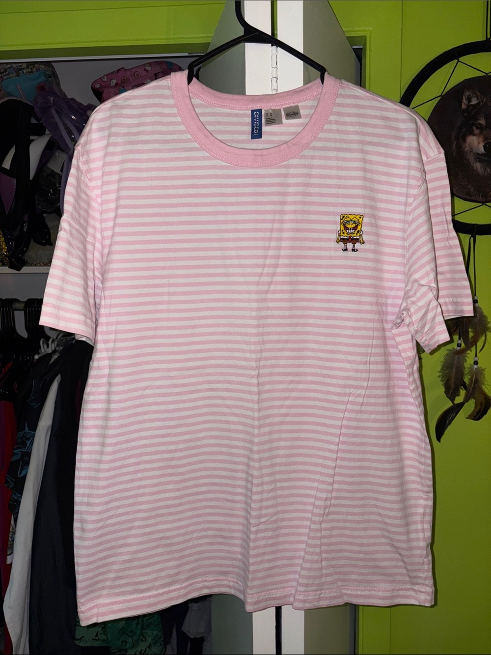H&M Divided Pink and White Striped Short Sleeve Tee SpongeBob Patch M